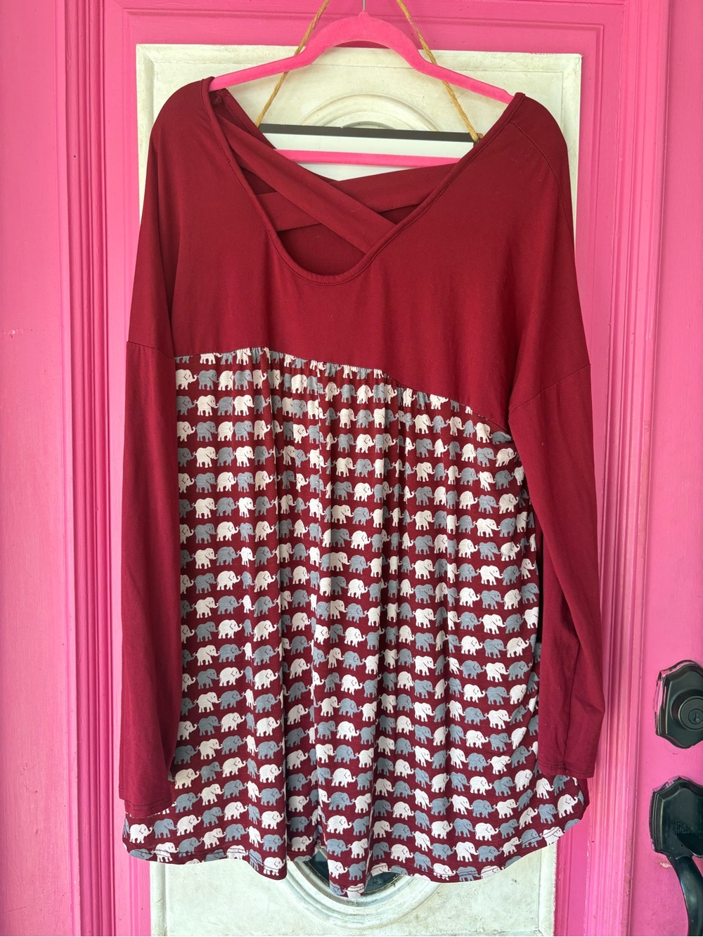 Women's Burgundy Long-Sleeve tunic Top with Elephant Print
